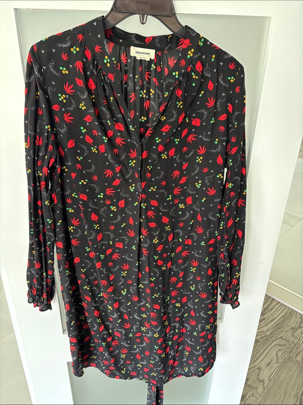 Zadig & Voltaire Black Long-Sleeve Shift Dress with Red Floral Print